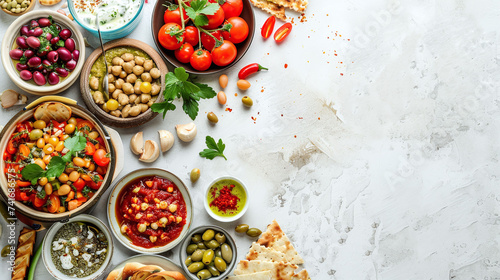 Mediterranean cuisine ingredients with tomatoes, olives, various cheeses, olive oil, and herbs on textured white background. Flat lay composition with place for text. Healthy eating and cooking concep