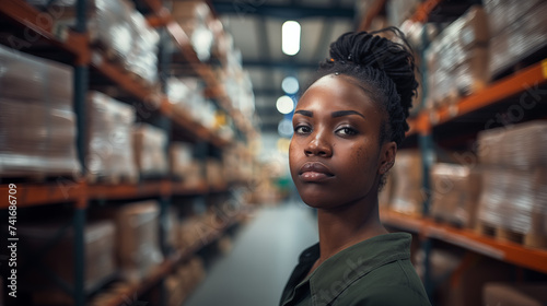 Black woman Logistic worker with no hat standing and looking at the camera on a warehouse background 