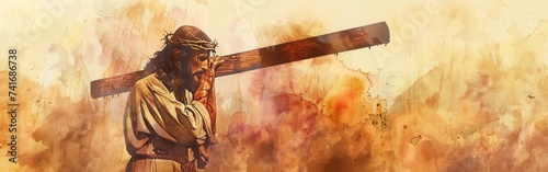 Jesus with crown of thorns, cross, colorful abstract art
