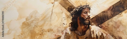 Jesus with crown of thorns, cross, colorful abstract art
