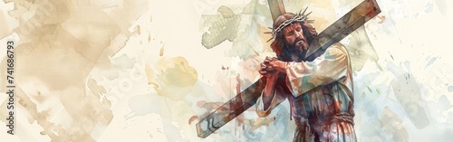 Jesus with crown of thorns, cross, colorful abstract art
