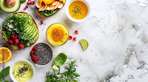 Healthy breakfast spread with avocado toast, raspberry, kale, bowls of yogurt with chia seeds, and fresh fruit juices on a white marbled background. Flat lay composition with place for text. Superfood