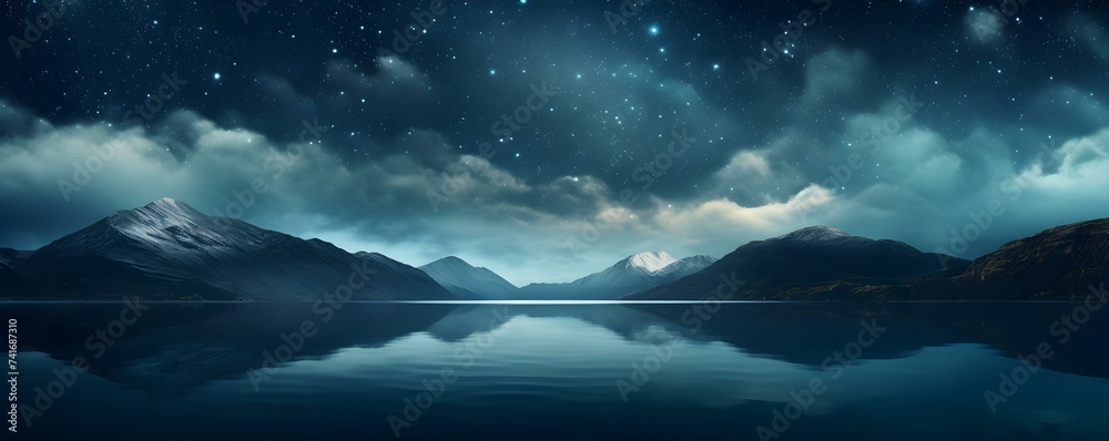 Starry night over calm lake reflects clouds in tranquil night setting. Concept Night Photography, Reflections, Tranquil Landscapes, Starry Skies, Calm Waters