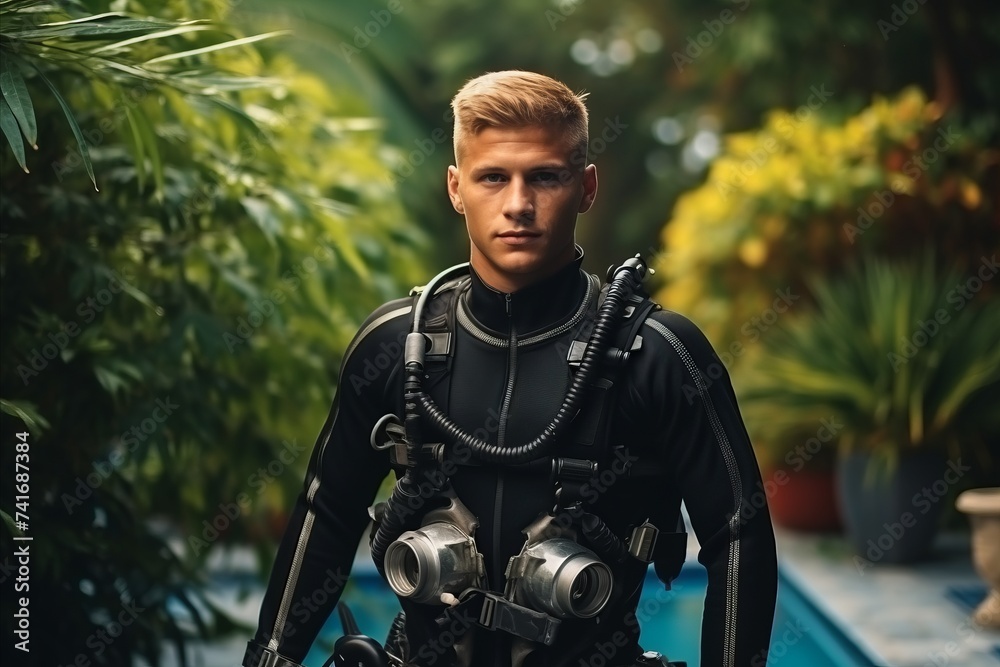 Portrait of a young man in scuba diving suit looking at camera