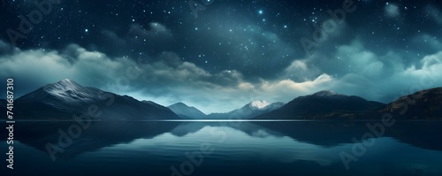 Starry night over calm lake reflects clouds in tranquil night setting. Concept Night Photography, Reflections, Tranquil Landscapes, Starry Skies, Calm Waters © Ян Заболотний