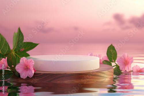 White and wooden podium on the background of a beautiful sunset