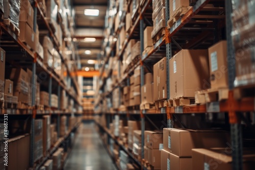 Stacks of cardboard boxes on shelves in a warehouse