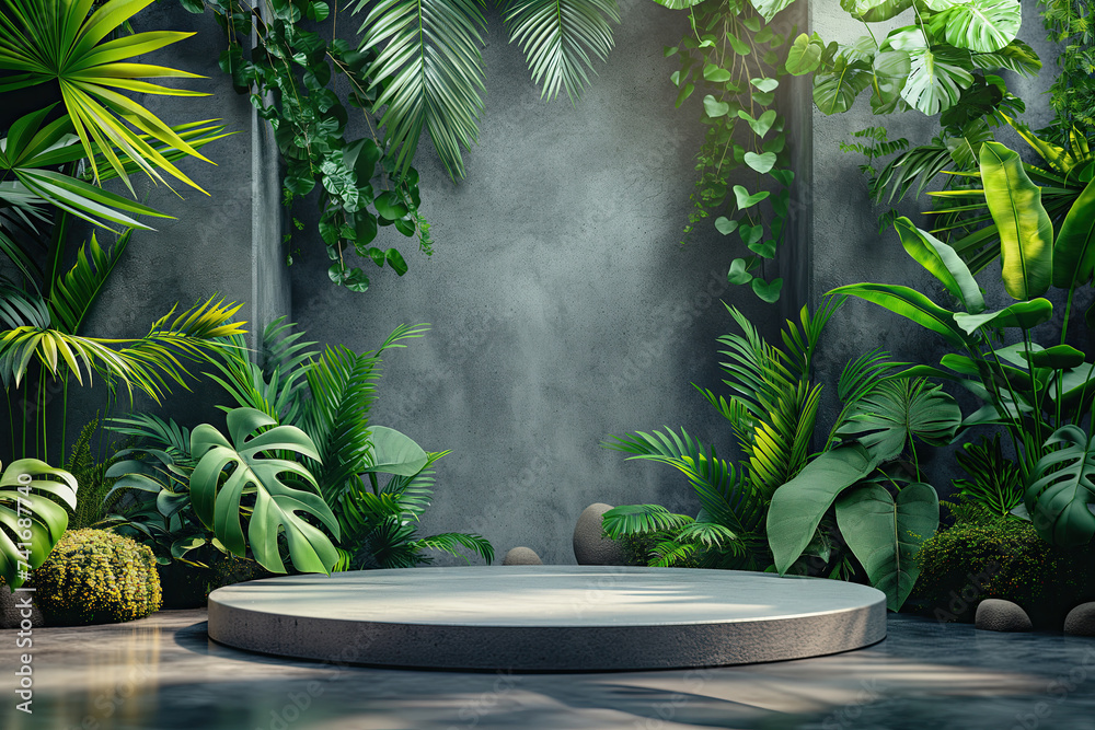 Round empty platform with nature background.