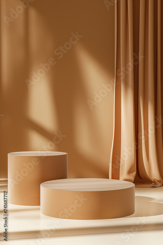 Minimal abstract scene with podiums on beige background.
