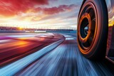 Racing car speeding on a track at sunset