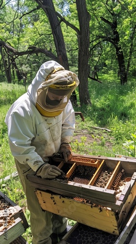 An apiarist inspects a beehive framed by lush greenery in a vibrant spring setting. The focus and care in maintaining bee health and honey production are evident in the meticulous work. © Artsaba Family