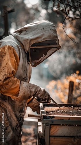 A beekeeper in protective gear carefully examines a frame from a beehive. The meticulous inspection is crucial for hive health and honey production. photo