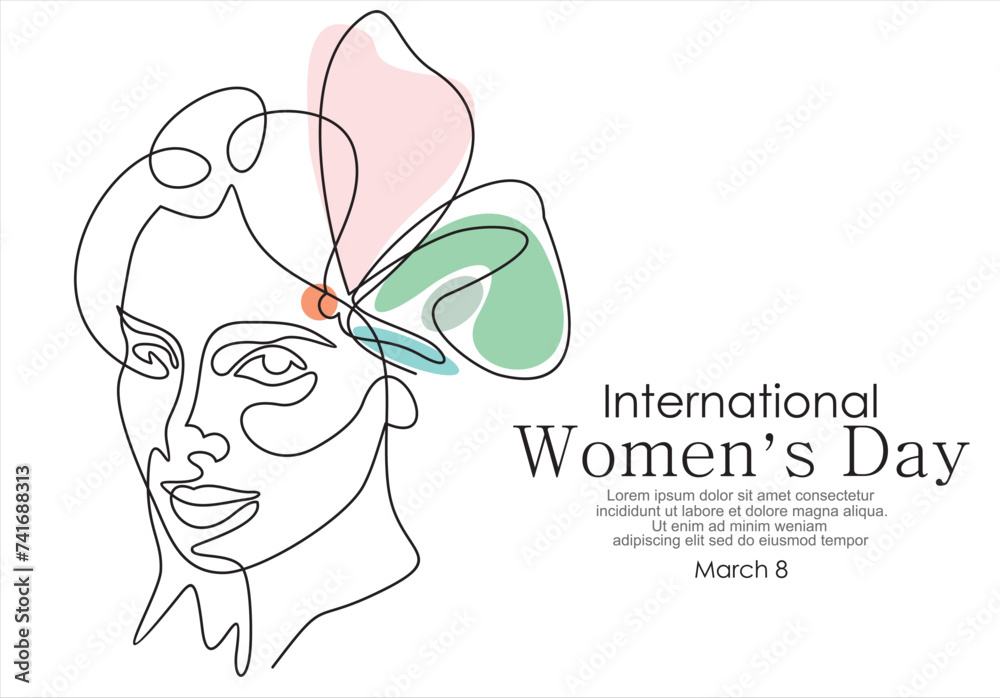 Fototapeta premium International women's day greeting card. Woman face with butterfly in one continuous line drawing. Abstract female portrait in simple linear style. Doodle Vector illustration for 8 march