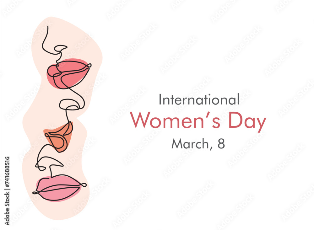 Obraz premium International women's day greeting card. Women faces in one continuous line drawing. Abstract female portrait in simple linear style. Vector illustration for 8 march 