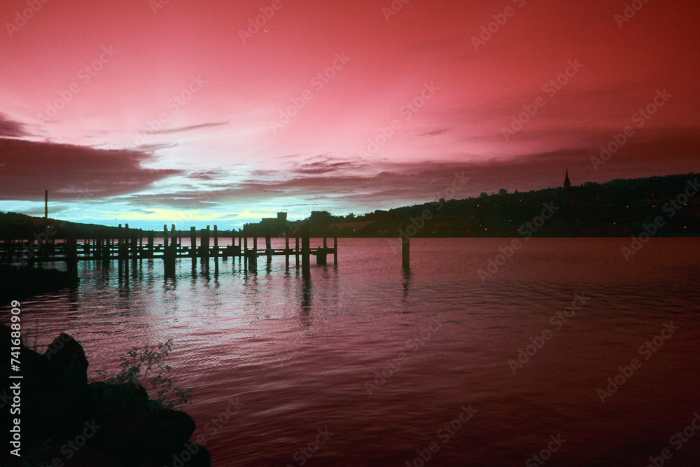 Twilight Pier at Houghton Waterfront - Serene Dawn Reflections in Infrared