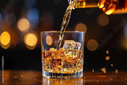 pouring whiskey into a glass with ice