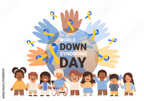 Group of multiracial lovely children with special needs. World down syndrome day banner