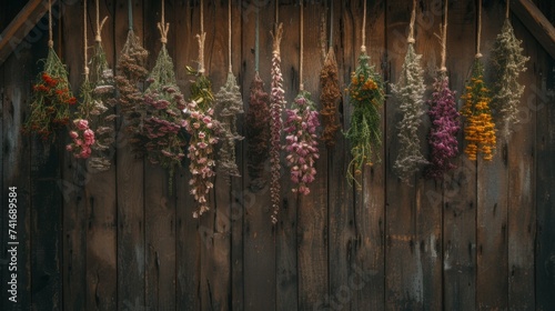 Whimsical Antique Apothecary Display with Hanging Dried Flowers.