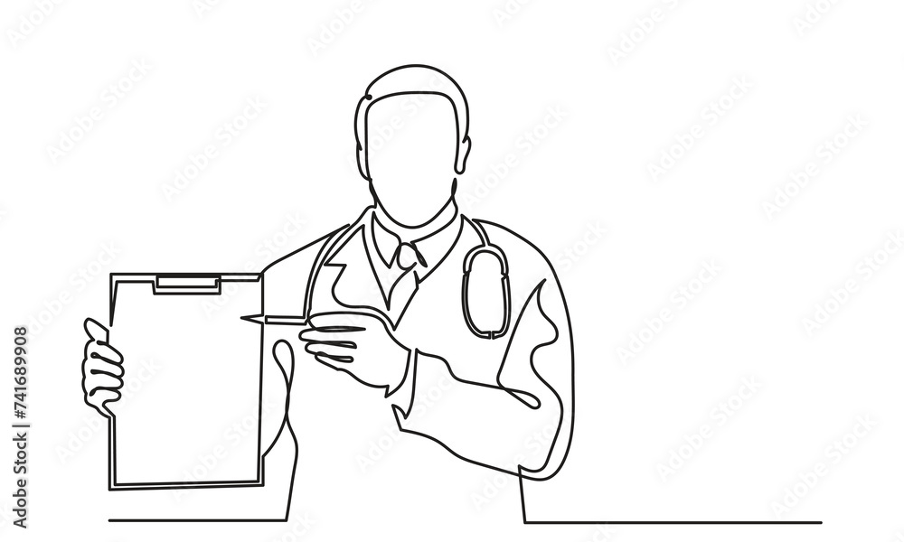 Continuous line drawing of male doctor pointing clipboard by pen. Single line drawing doctor showing patient report. doctor with stethoscope vector illustration. Continuous line drawing of male doctor pointing clipboard by pen. Single line drawing doctor showing patient report. doctor with stethoscope vector illustration.