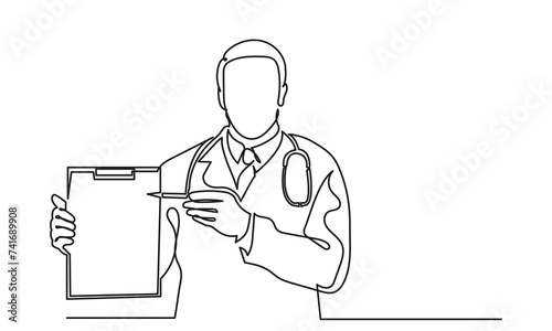 Continuous line drawing of male doctor pointing clipboard by pen. Single line drawing doctor showing patient report. doctor with stethoscope vector illustration.
