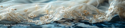 A fine embroidered semi-transparent silk on marble surface