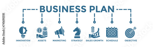 Business plan banner web icon illustration concept with icon of innovation, assets, marketing, strategy, sales growth, schedule, and objective