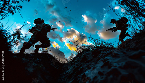 infantry forces military soldiers in uniform with Assault rifles running for attacking enemies. bottom view from trench silhouettes on sunrise sky background. Terrible war battles scene. photo