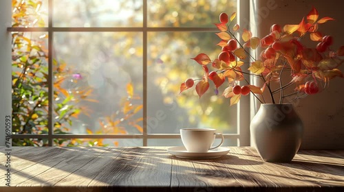 daylight saving time concept at sunrise,  enjoying coffee as near the window with leaves, on a wooden floor in the living room, videos. photo