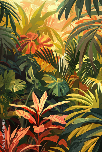 Vibrant Canopy Oil Painting of Lush Tropical Foliage