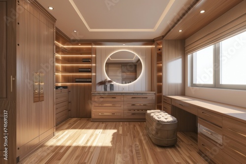 3D rendering of a luxury wardrobe with wardrobe and makeup table in the dressing room. © chutikan