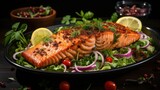 Grilled salmon with vegetables on a black plate. Black background.