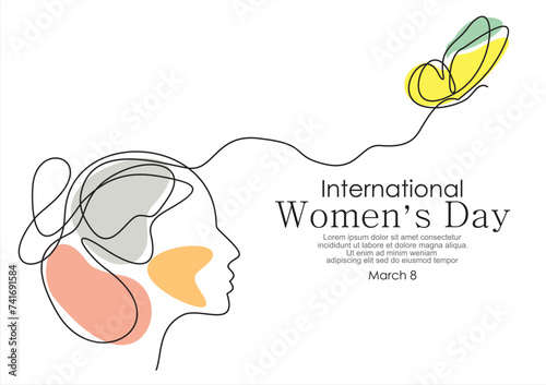 International women's day greeting card. Woman face with butterfly in one continuous line drawing. Abstract female portrait in simple linear style. Doodle Vector illustration for 8 march