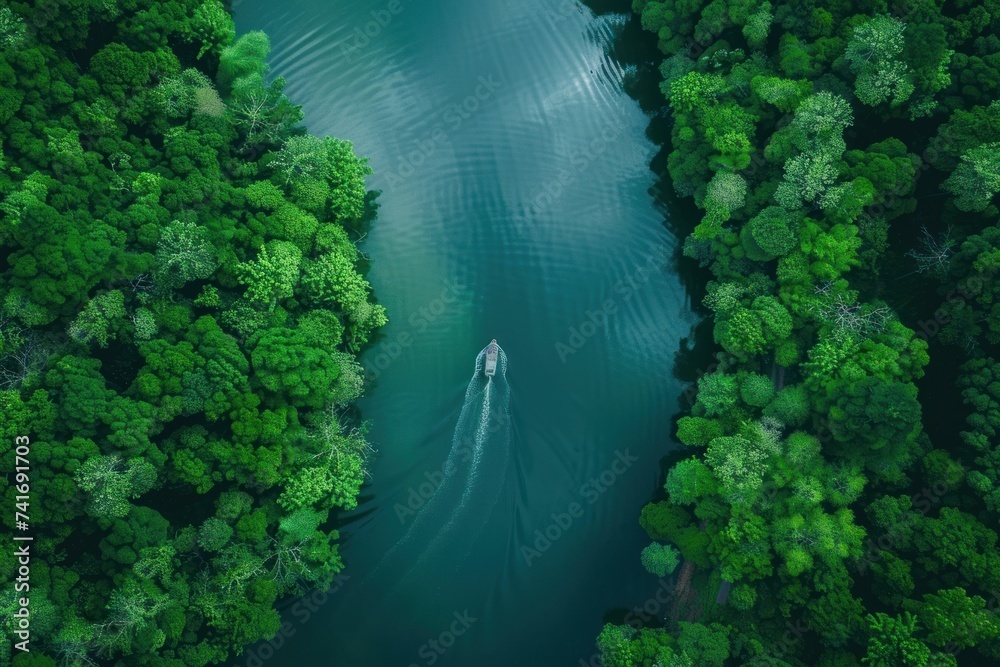 photograph of an aerial view of a river in the middle of a forest with ...