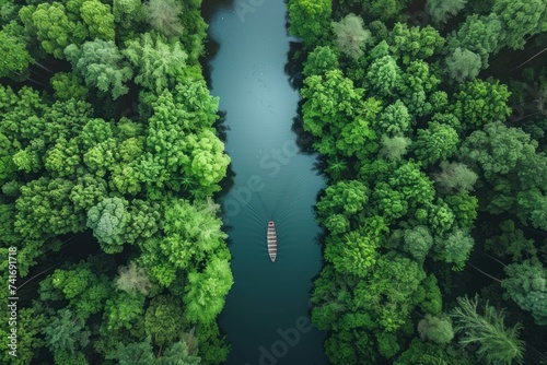 photograph of an aerial view of a river in the middle of a forest with lots of green trees on both sides of the river and a boat in the middle of the water.