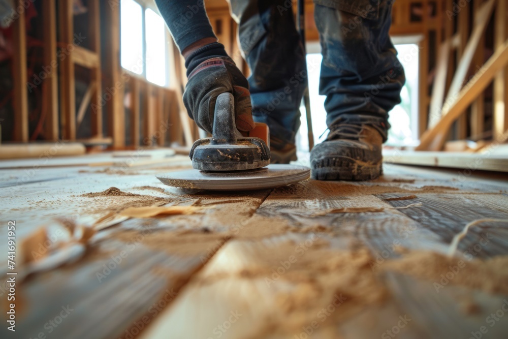 photograph of Carpenter finishing wood with sander