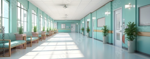 Brightly lit nursing home corridor exudes cleanliness and order inviting comfort. Concept Cleanliness, Order, Nursing Home, Comfort, Bright Lighting photo