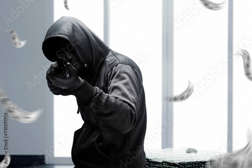 Criminal Man Hidden Mask Pointing Shotgun While Robbery Money Bank 2