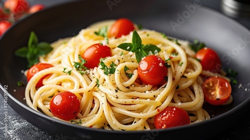 Close-up photo of pasta with cherry tomatoes in a wide black plate