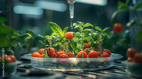 Innovative food technology research scientists in a futuristic lab macro lens capturing vibrant experiment details