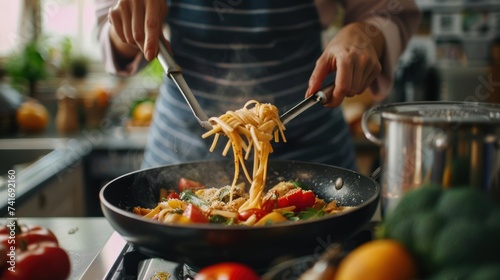Close-up of woman cooking healthy pasta in home kitchen