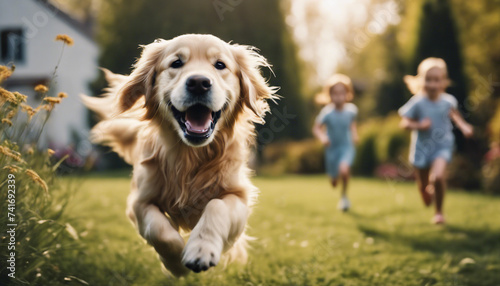 Happy golden retriever running in the garden of the house and children chasing her