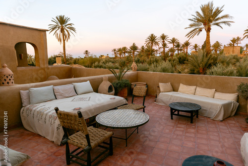 General view of the terrace of a rihab at sunrise in the Sahara, Merzouga. © @kiomu.studio