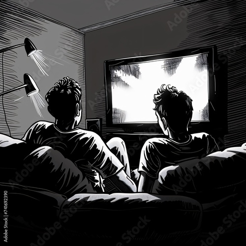 Two boys watching tv or horror theme.AI generated.