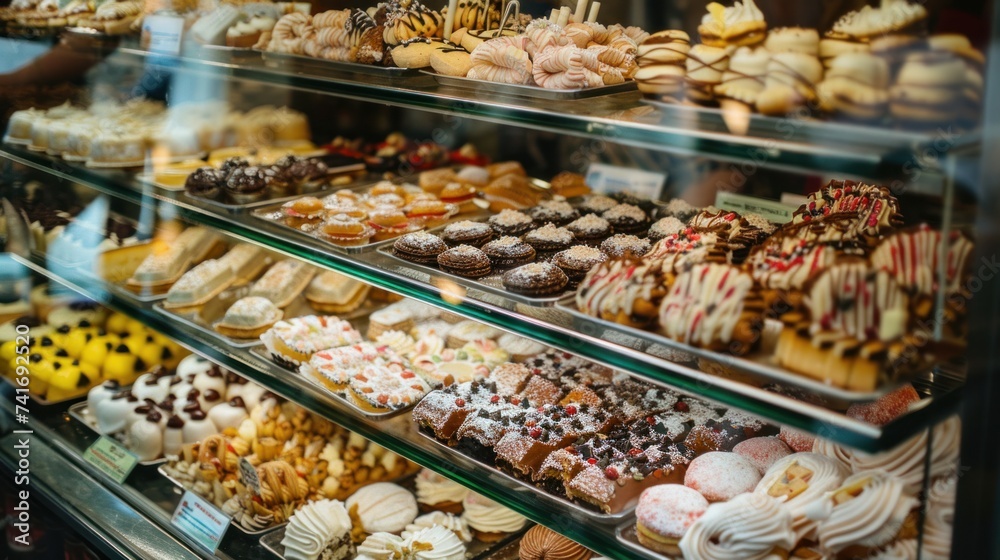 Photograph of an arrangement of cakes and cookies displayed on glass shelves in a bakery.