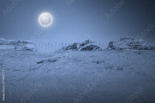 View Snowy Hill With Snowfall Full Moon Night