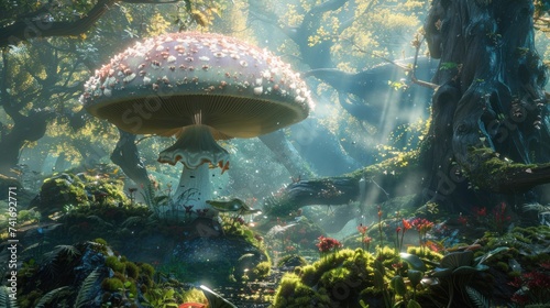 Fantasy translucent white mushroom image in a wide forest