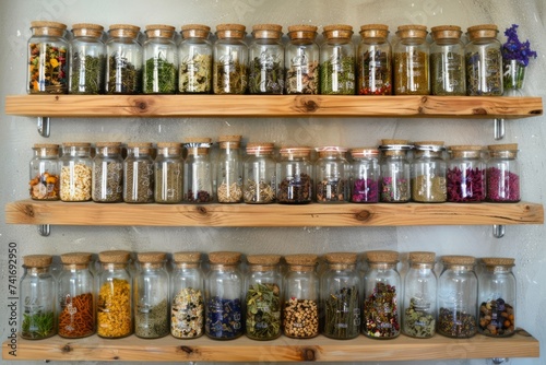 Natural herbs and spices on kitchen shelves.