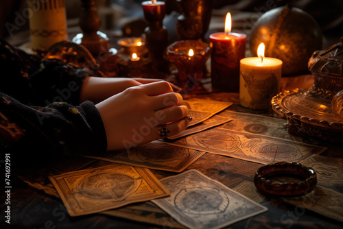 A fortune teller's hands holding a burning candle over an open tarot spread, Soft candlelight, wax drippings, and vintage tarot cards with aged edges photo