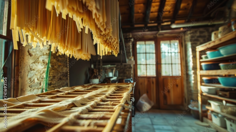 Photograph of handmade pasta drying on a wooden rack. On a traditional wooden shelf in the kitchen