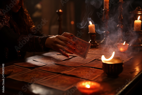 A tarot card reader's hand placing a card on the table during a reading, Incense smoke swirling in the air, with dim lighting creating a mysterious ambiance